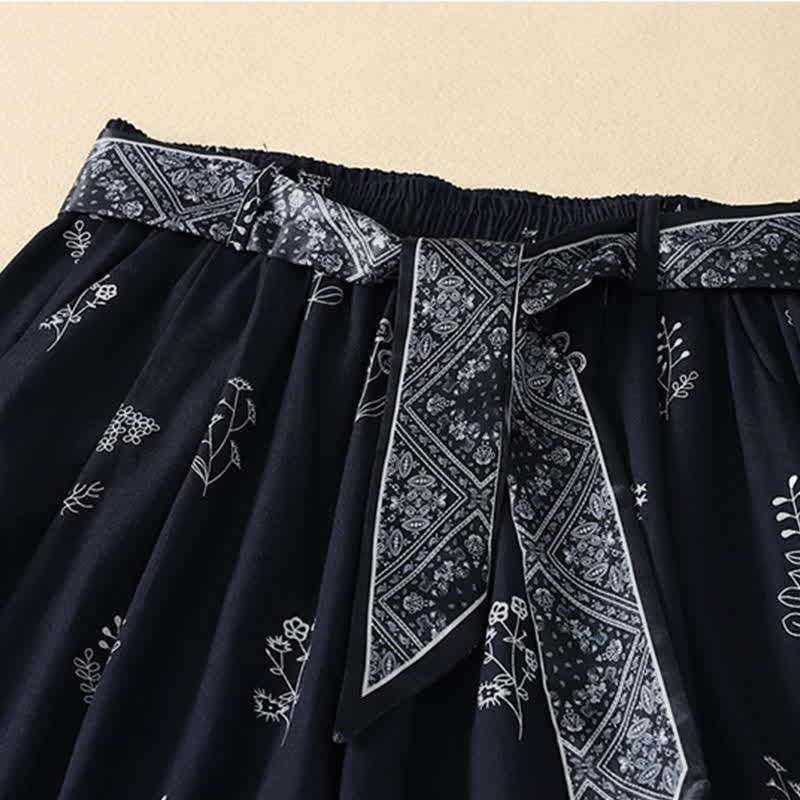 Buddha Stones Pantalon d'été décontracté vintage à cordon de serrage et imprimé floral, jambes larges, avec poches - image 1