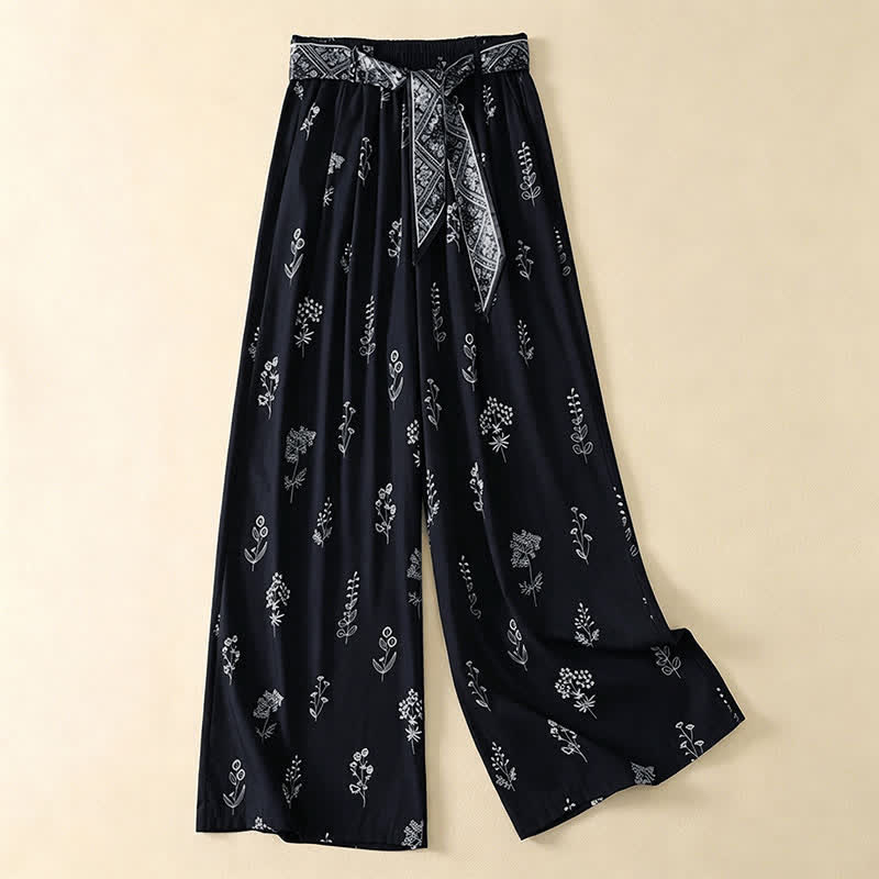Buddha Stones Pantalon d'été décontracté vintage à cordon de serrage et imprimé floral, jambes larges, avec poches - Bleu nuit - US8-10, UK/AU12-14, EU40-42 (2XL) - image 0