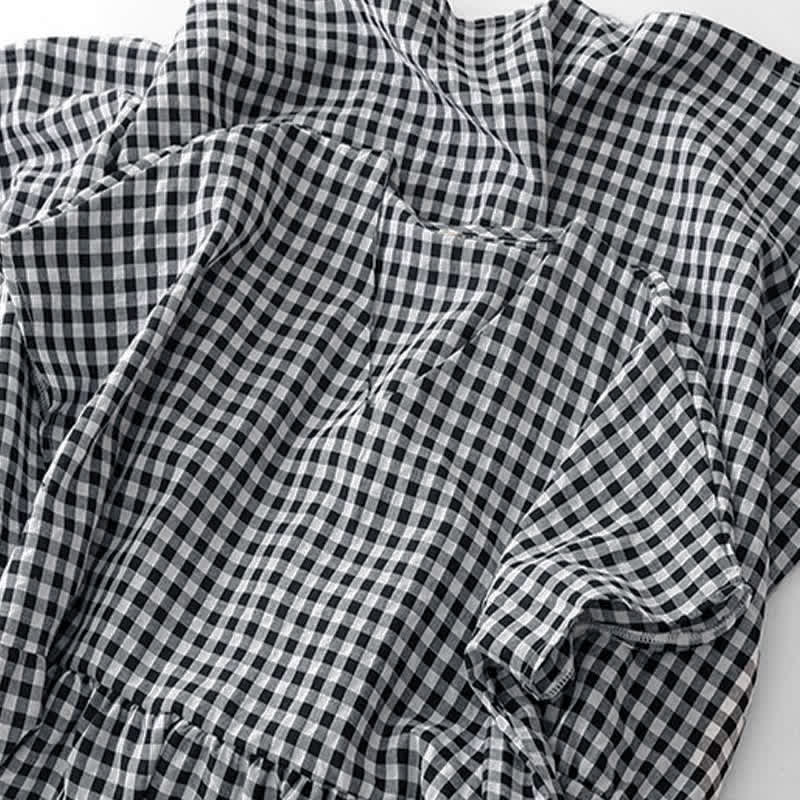 Buddha Stones Robe d'été vintage à carreaux, col en V, manches courtes et poches pour femme - image 5