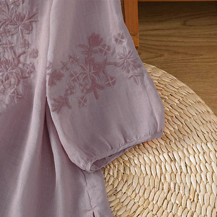 Buddha Stones Chemises à manches courtes pour femmes, style vintage décontracté, brodées de fleurs - image 11
