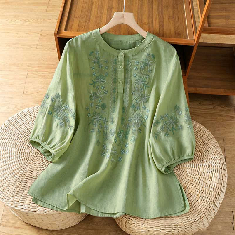 Buddha Stones Chemises à manches courtes pour femmes, style vintage décontracté, brodées de fleurs - Vert pâle - US8-10, UK/AU12-14, EU40-42 (2XL) - image 0