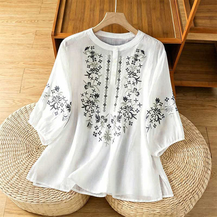 Buddha Stones Chemises à manches courtes pour femmes, style vintage décontracté, brodées de fleurs - Blanc - US8-10, UK/AU12-14, EU40-42 (2XL) - image 20