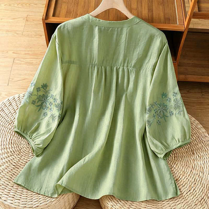 Buddha Stones Chemises à manches courtes pour femmes, style vintage décontracté, brodées de fleurs - image 1