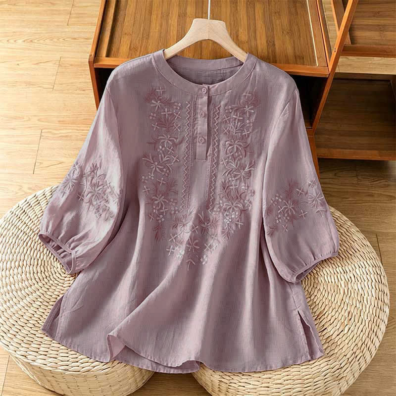 Buddha Stones Chemises à manches courtes pour femmes, style vintage décontracté, brodées de fleurs - Lavande - US8-10, UK/AU12-14, EU40-42 (2XL) - image 6