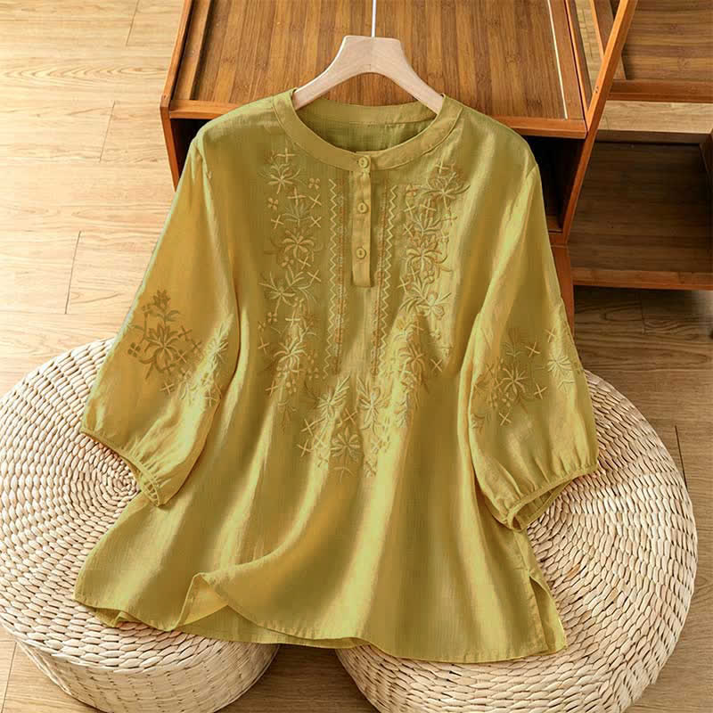 Buddha Stones Chemises à manches courtes pour femmes, style vintage décontracté, brodées de fleurs - Kaki - US8-10, UK/AU12-14, EU40-42 (2XL) - image 13