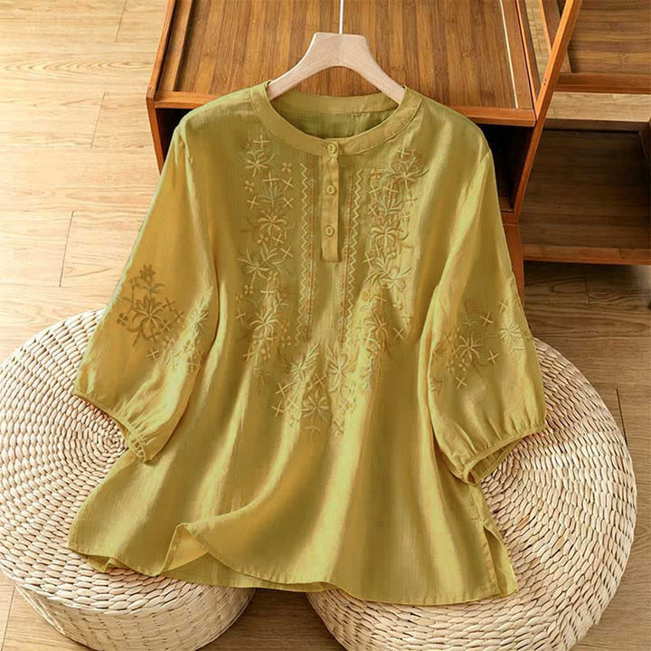 Buddha Stones Chemises à manches courtes pour femmes, style vintage décontracté, brodées de fleurs - Kaki - US8-10, UK/AU12-14, EU40-42 (2XL) - image 13