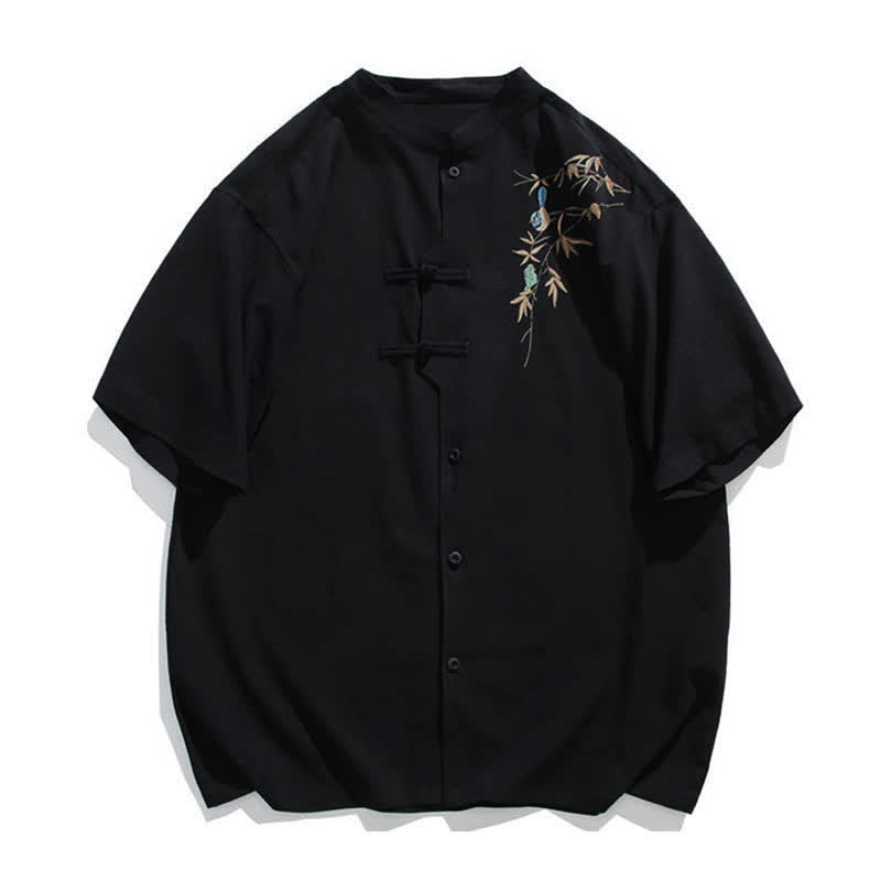 Buddha Stones Chemises à manches courtes pour hommes, style Tang, col mandarin, bouton brandebourg et broderie feuille, été - Noir - US/UK/AU46, EU56 (5XL) - image 0