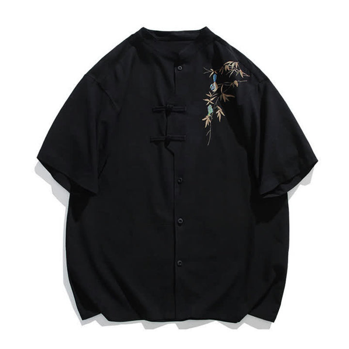 Buddha Stones Chemises à manches courtes pour hommes, style Tang, col mandarin, bouton brandebourg et broderie feuille, été - Noir - US/UK/AU46, EU56 (5XL) - image 0