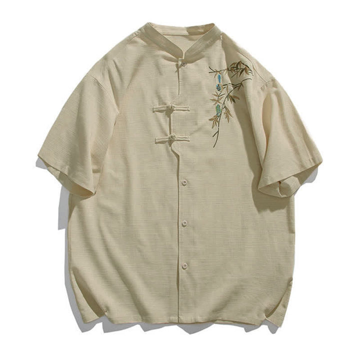 Buddha Stones Chemises à manches courtes pour hommes, style Tang, col mandarin, bouton brandebourg et broderie feuille, été - Beige - US/UK/AU46, EU56 (5XL) - image 2
