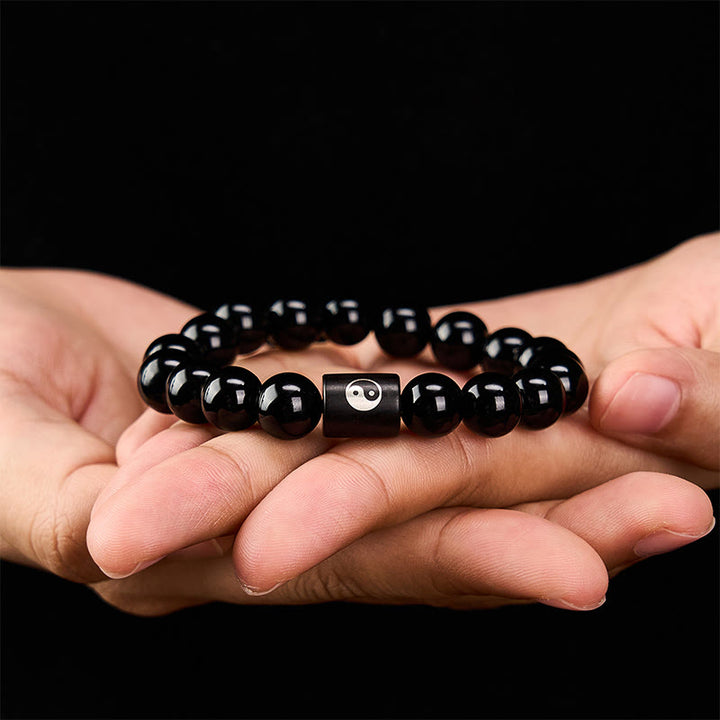 Buddha Stones Bracelet en bois d'ébène avec perles incrustées Yin Yang et motif Yin Yang - image 10