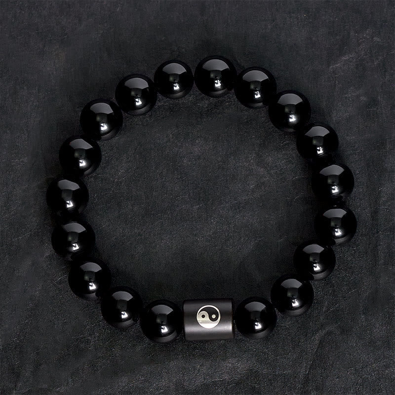 Buddha Stones Bracelet en bois d'ébène avec perles incrustées Yin Yang et motif Yin Yang - image 4