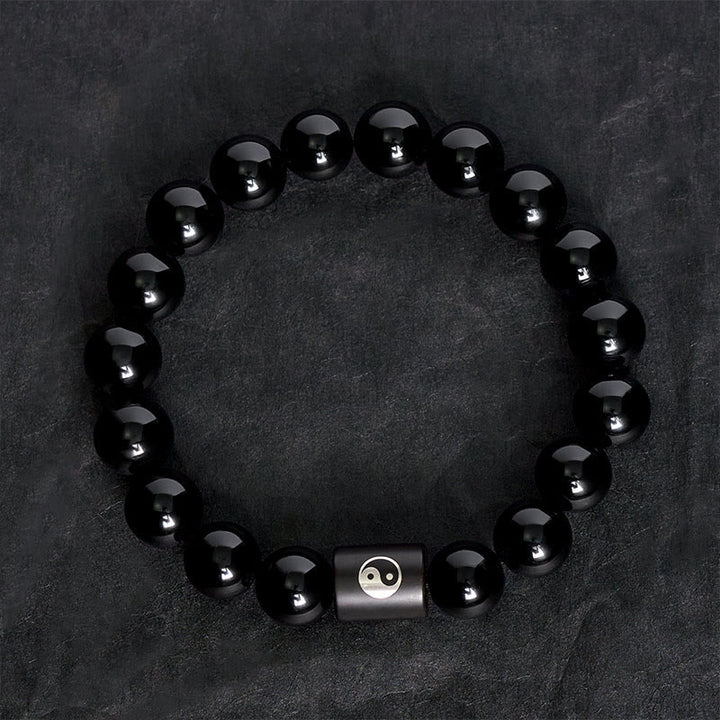 Buddha Stones Bracelet en bois d'ébène avec perles incrustées Yin Yang et motif Yin Yang - image 4