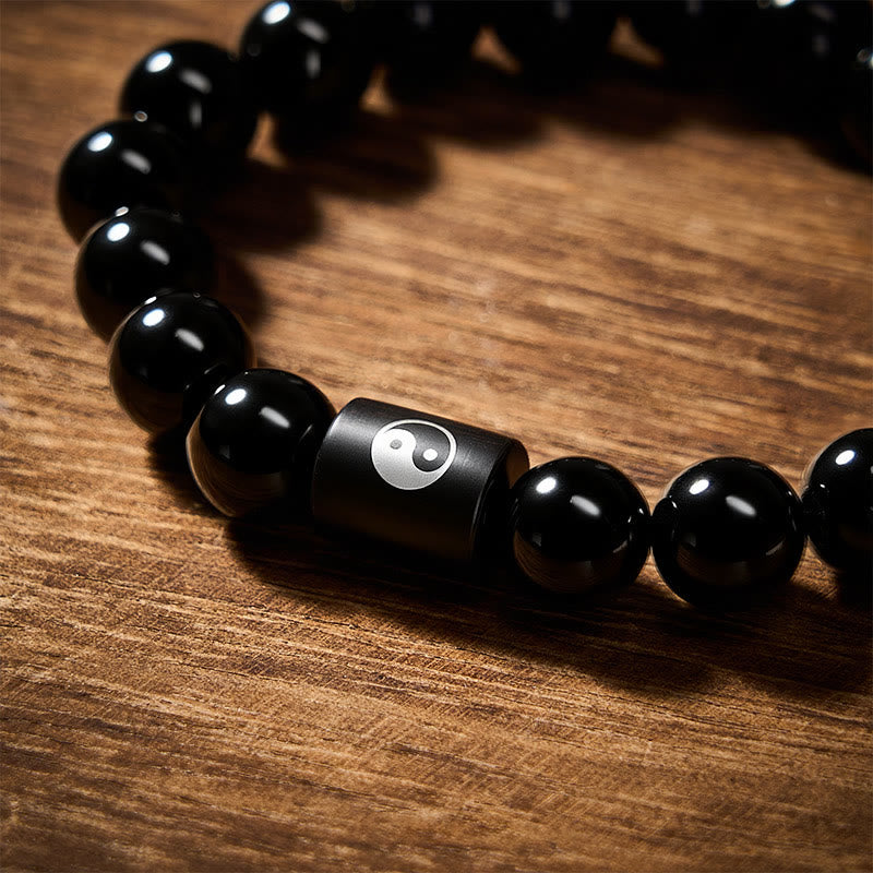 Buddha Stones Bracelet en bois d'ébène avec perles incrustées Yin Yang et motif Yin Yang - image 12