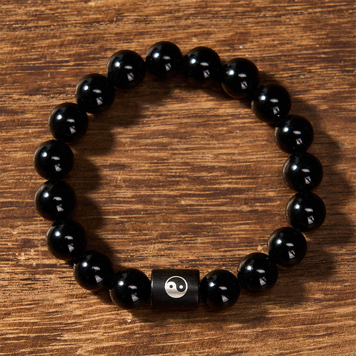 Buddha Stones Bracelet en bois d'ébène avec perles incrustées Yin Yang et motif Yin Yang - image 2