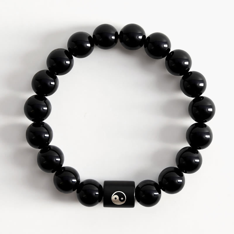 Buddha Stones Bracelet en bois d'ébène avec perles incrustées Yin Yang et motif Yin Yang - image 1