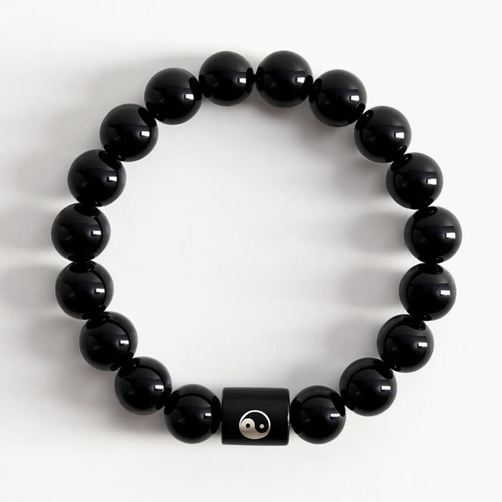 Buddha Stones Bracelet en bois d'ébène avec perles incrustées Yin Yang et motif Yin Yang - image 1