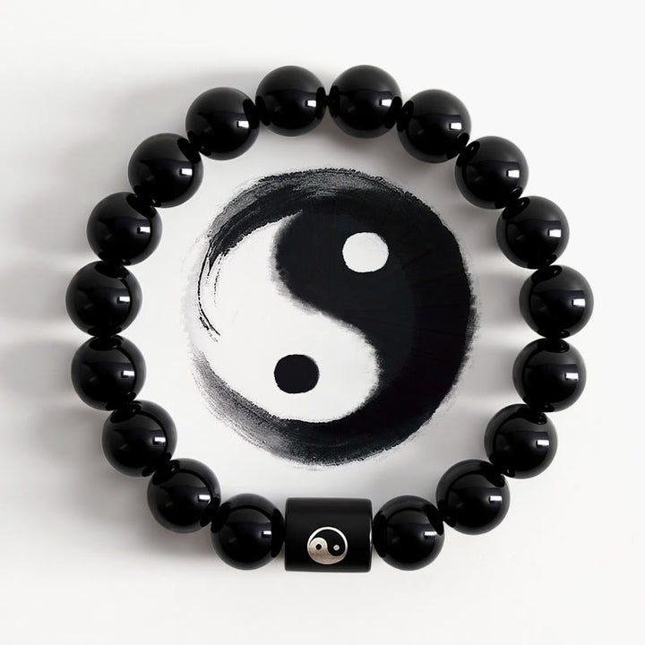 Buddha Stones Bracelet en bois d'ébène avec perles incrustées Yin Yang et motif Yin Yang - Yin Yang (Équilibre ♥ Harmonie) - Bois d'ébène (Équilibre ♥ Calme) - image 0