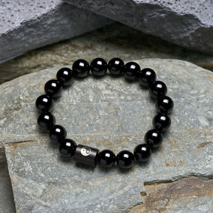 Buddha Stones Bracelet en bois d'ébène avec perles incrustées Yin Yang et motif Yin Yang - image 3