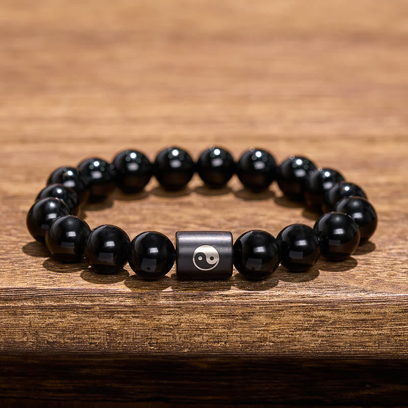 Buddha Stones Bracelet en bois d'ébène avec perles incrustées Yin Yang et motif Yin Yang - image 9