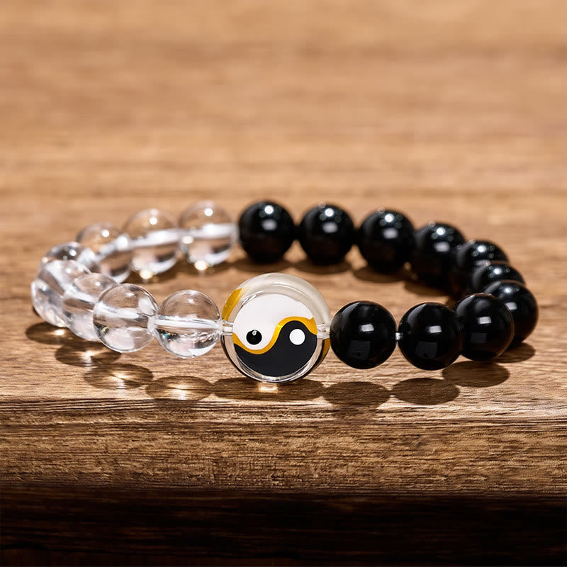 Buddha Stones Bracelet en perles de verre Liuli Yin Yang Balance à double face ronde - Yin Yang (Équilibre ♥ Harmonie) - Perle de verre Liuli (Protection ♥ Chance) - image 0