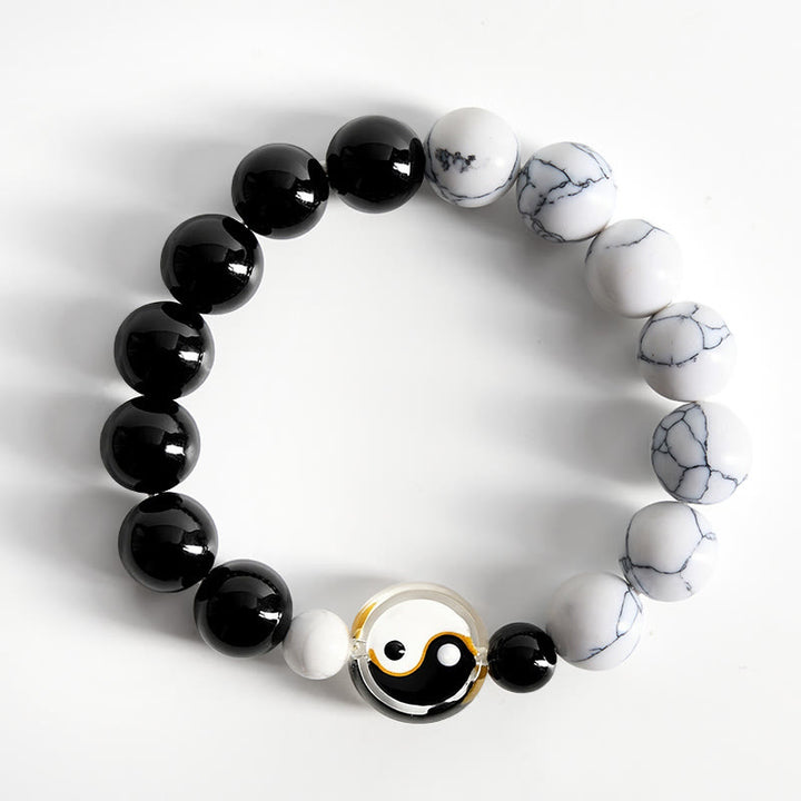 Buddha Stones Bracelet en perles plates de verre Liuli Yin Yang et perles rondes - image 1