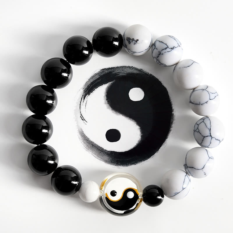 Buddha Stones Bracelet en perles plates de verre Liuli Yin Yang et perles rondes - Yin Yang (Harmonie ♥ Equilibre) - image 0