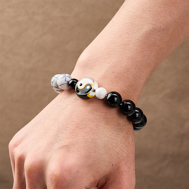 Buddha Stones Bracelet en perles plates de verre Liuli Yin Yang et perles rondes - image 4
