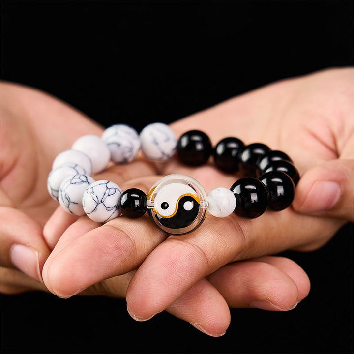 Buddha Stones Bracelet en perles plates de verre Liuli Yin Yang et perles rondes - image 3