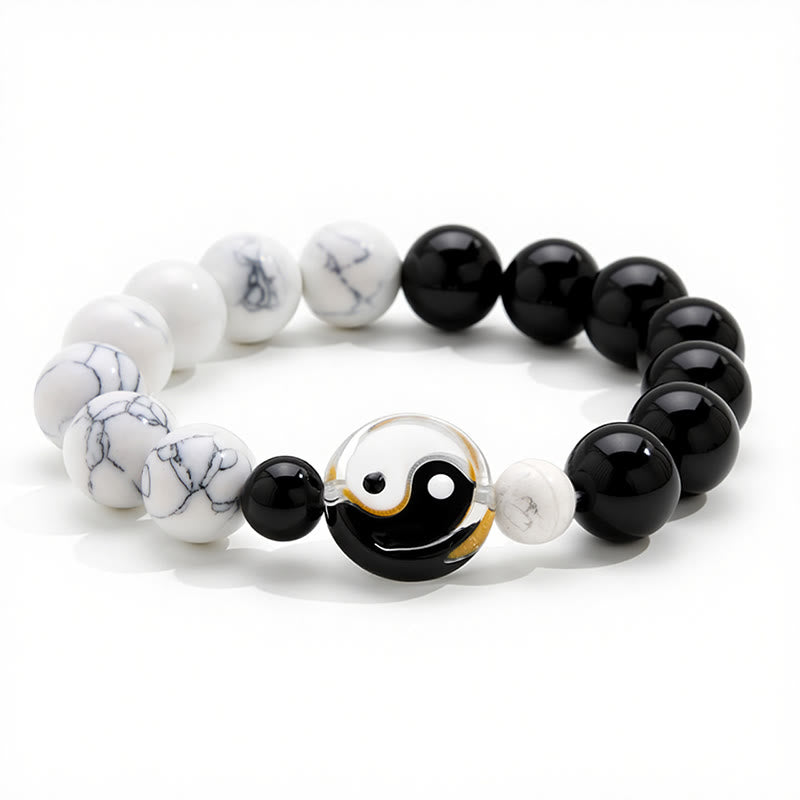 Buddha Stones Bracelet en perles plates de verre Liuli Yin Yang et perles rondes - image 2