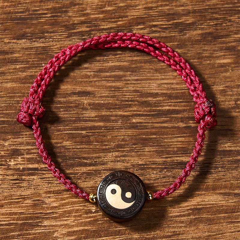 Buddha Stones Bracelet d'ancrage Bagua en bois d'ébène avec fil rouge - Rouge - Bagua (Harmonie ♥ Énergie) - image 1