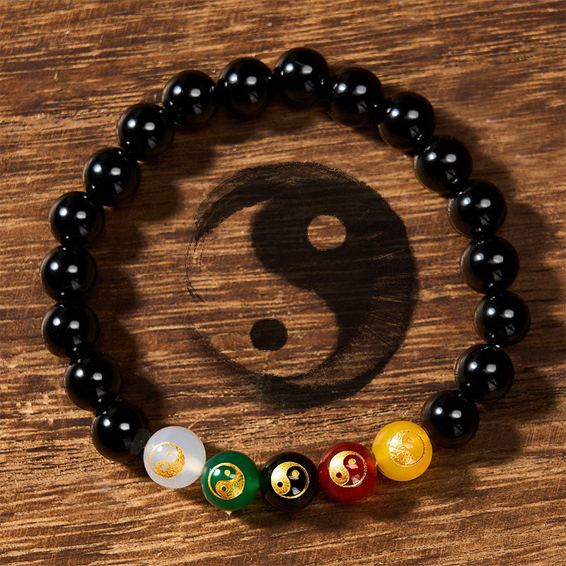 Buddha Stones Bracelet de perles rondes en onyx noir, symbole Yin Yang et pureté, poli à la main - Yin Yang (Harmonie ♥ Equilibre) - Onyx noir (Protection ♥ Fortune) - image 0