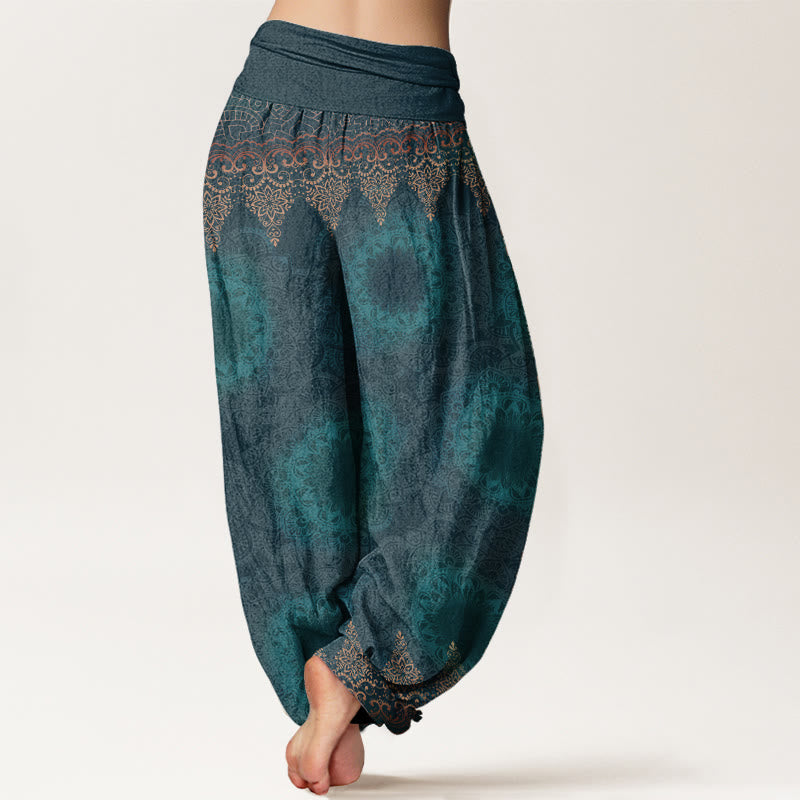 Pantalon sarouel femme en pur coton à motifs mandalas triangulaires et Buddha Stones, taille élastique - image 2