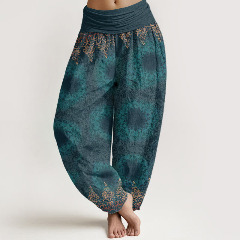Pantalon sarouel femme en pur coton à motifs mandalas triangulaires et Buddha Stones, taille élastique - DarkCyan - US22，UK/AU26，EU54 (6XL) - image 0
