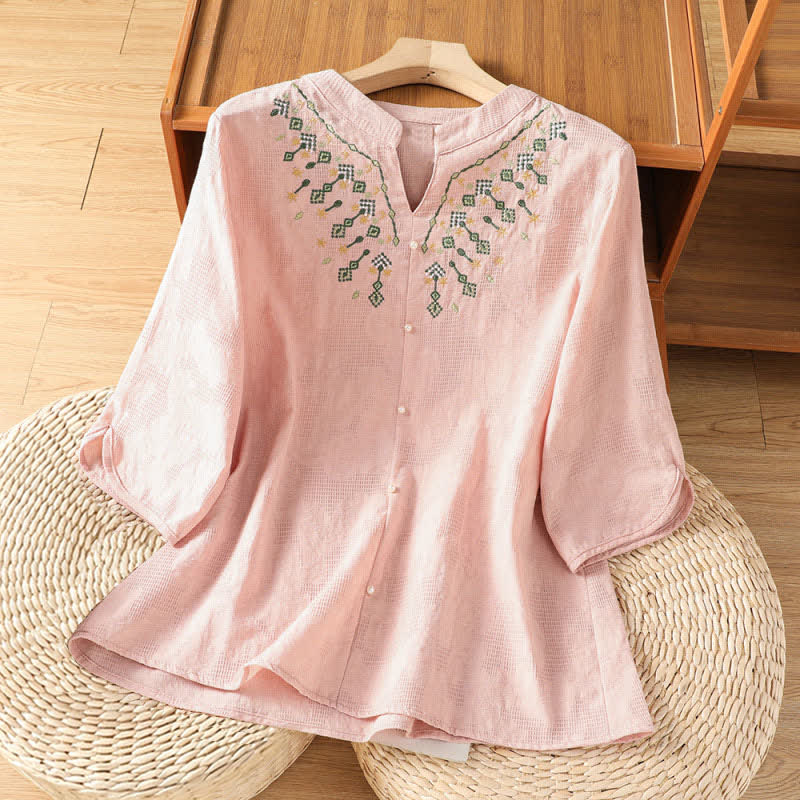 Buddha Stones Chemises d'été décontractées bohèmes à manches trois-quarts, broderie géométrique florale et col en V pour femmes - Rose clair - US12, UK/AU16, EU44 (3XL) - image 7