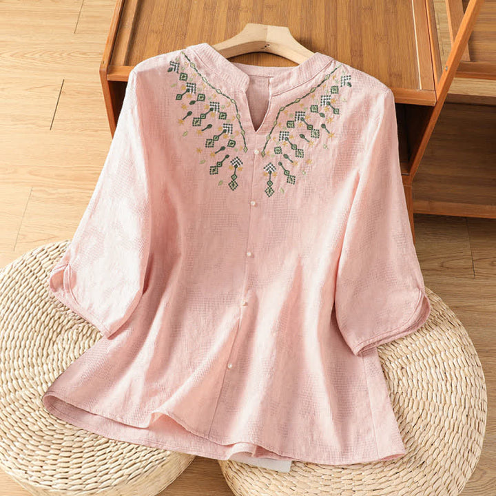 Buddha Stones Chemises d'été décontractées bohèmes à manches trois-quarts, broderie géométrique florale et col en V pour femmes - Rose clair - US12, UK/AU16, EU44 (3XL) - image 7