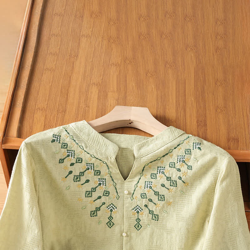 Buddha Stones Chemises d'été décontractées bohèmes à manches trois-quarts, broderie géométrique florale et col en V pour femmes - image 17