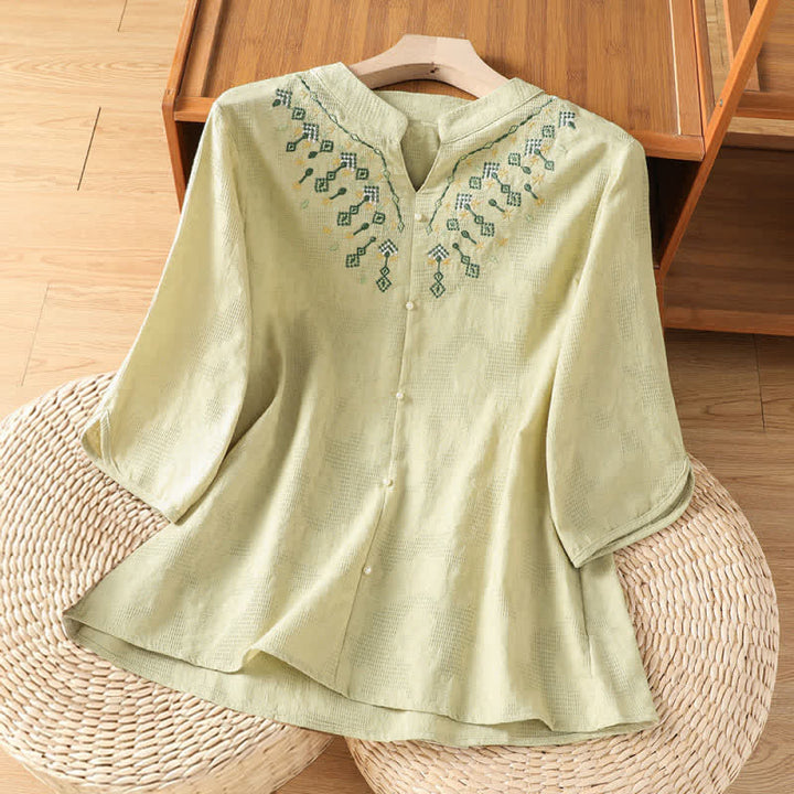 Buddha Stones Chemises d'été décontractées bohèmes à manches trois-quarts, broderie géométrique florale et col en V pour femmes - Jaune d'or pâle - US12, UK/AU16, EU44 (3XL) - image 15