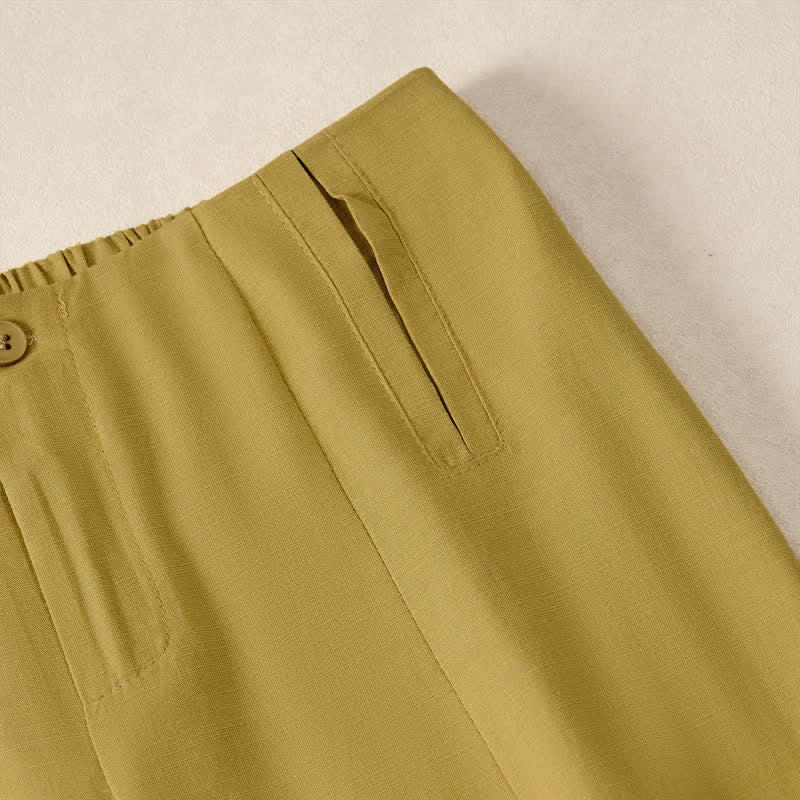 Buddha Stones Pantalon court d'été minimaliste et élégant à boutons et fermeture éclair, coupe droite, avec poches. - image 13