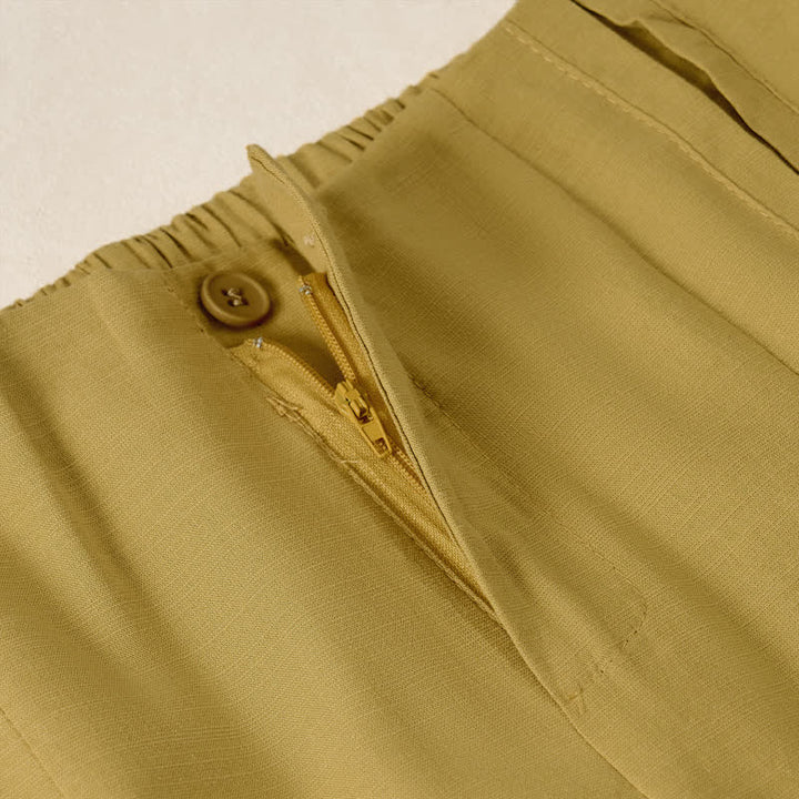 Buddha Stones Pantalon court d'été minimaliste et élégant à boutons et fermeture éclair, coupe droite, avec poches. - image 11
