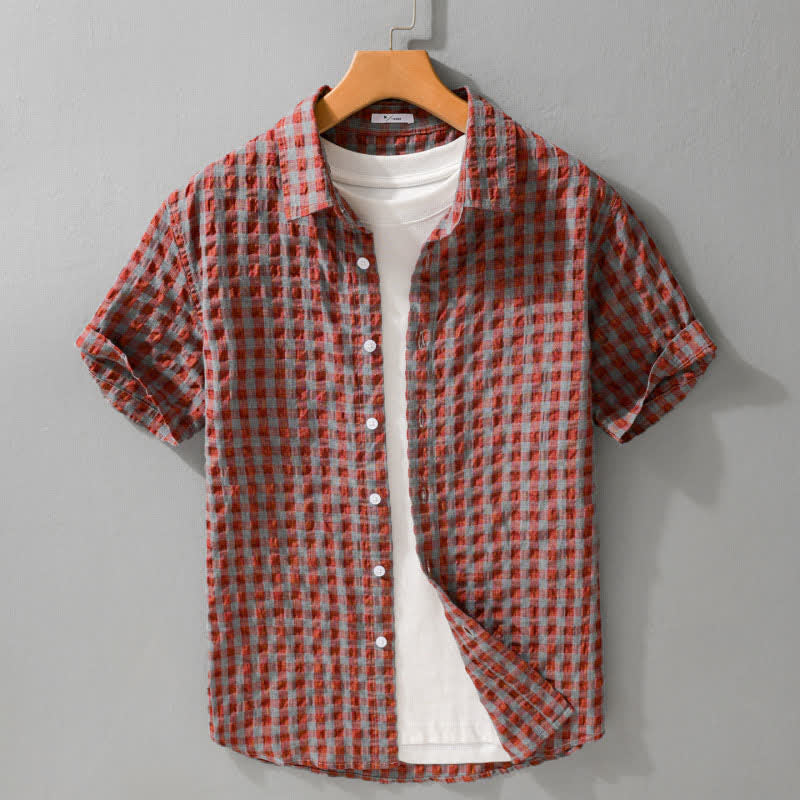 Buddha Stones Chemises à carreaux vintage décontractées d'été à manches courtes pour hommes - Rouge indien - US/UK/AU42, EU52 (3XL) - image 3