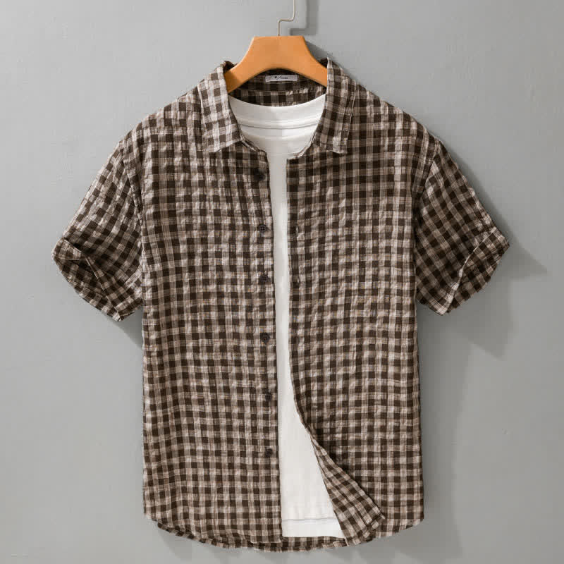 Buddha Stones Chemises à carreaux vintage décontractées d'été à manches courtes pour hommes - SaddleBrown - US/UK/AU42, EU52 (3XL) - image 0