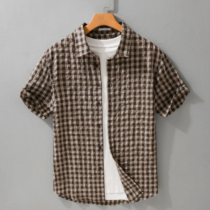 Buddha Stones Chemises à carreaux vintage décontractées d'été à manches courtes pour hommes - SaddleBrown - US/UK/AU42, EU52 (3XL) - image 0