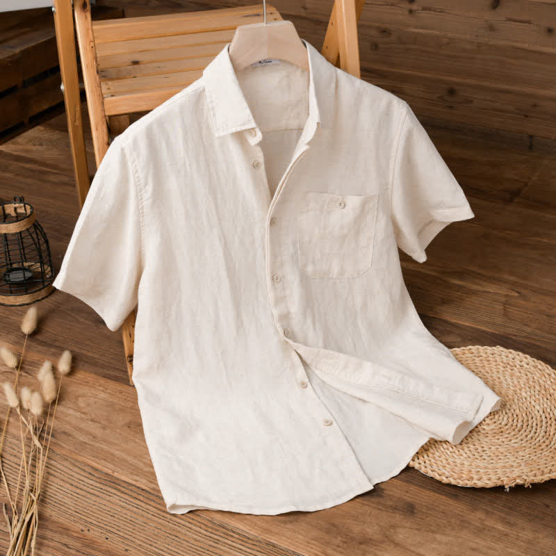 Buddha Stones Chemises d'été minimalistes à manches courtes pour hommes, unies, avec poches plaquées. - Lin - US/UK/AU42, EU52 (3XL) - image 11
