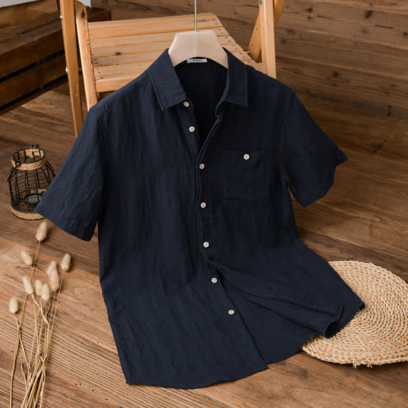 Buddha Stones Chemises d'été minimalistes à manches courtes pour hommes, unies, avec poches plaquées. - Marine - US/UK/AU42, EU52 (3XL) - image 0