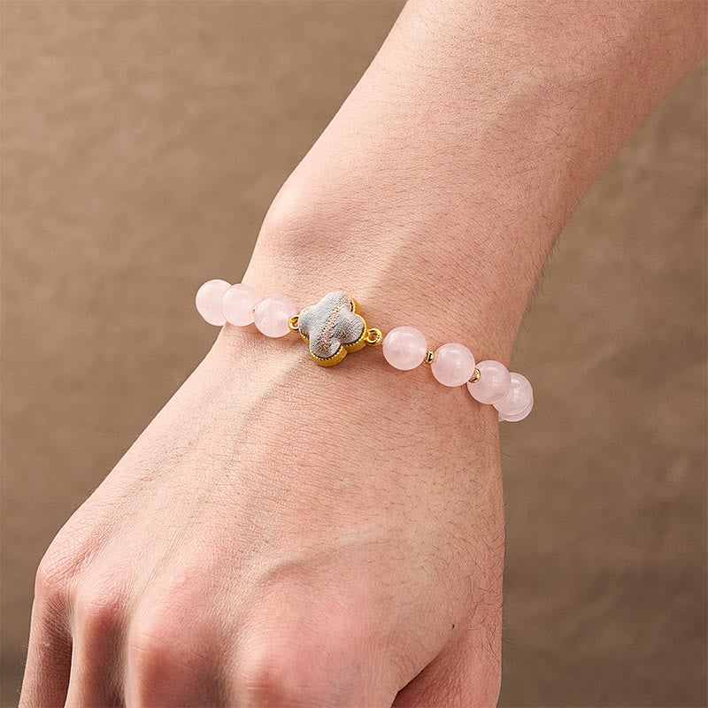 Buddha Stones Bracelet à breloques fait main en brocart de quartz rose avec trèfle à quatre feuilles et symbole de bénédiction - image 4