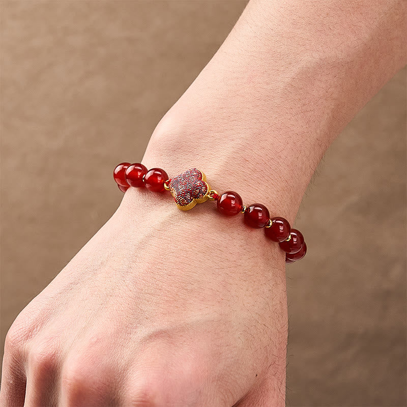 Buddha Stones Bracelet à breloques en agate rouge, brocart, trèfle à quatre feuilles et trèfle à quatre feuilles, porte-bonheur - image 5