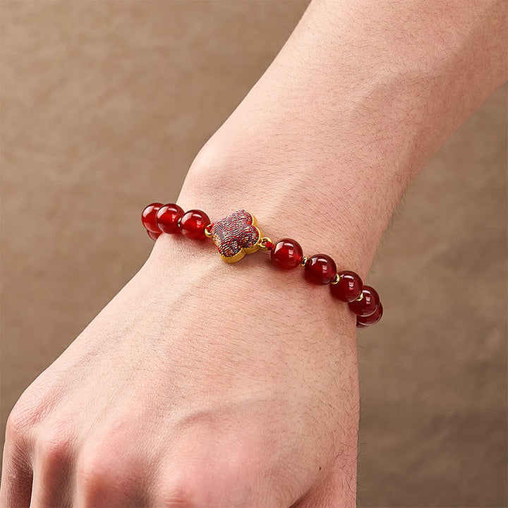 Buddha Stones Bracelet à breloques en agate rouge, brocart, trèfle à quatre feuilles et trèfle à quatre feuilles, porte-bonheur - image 5