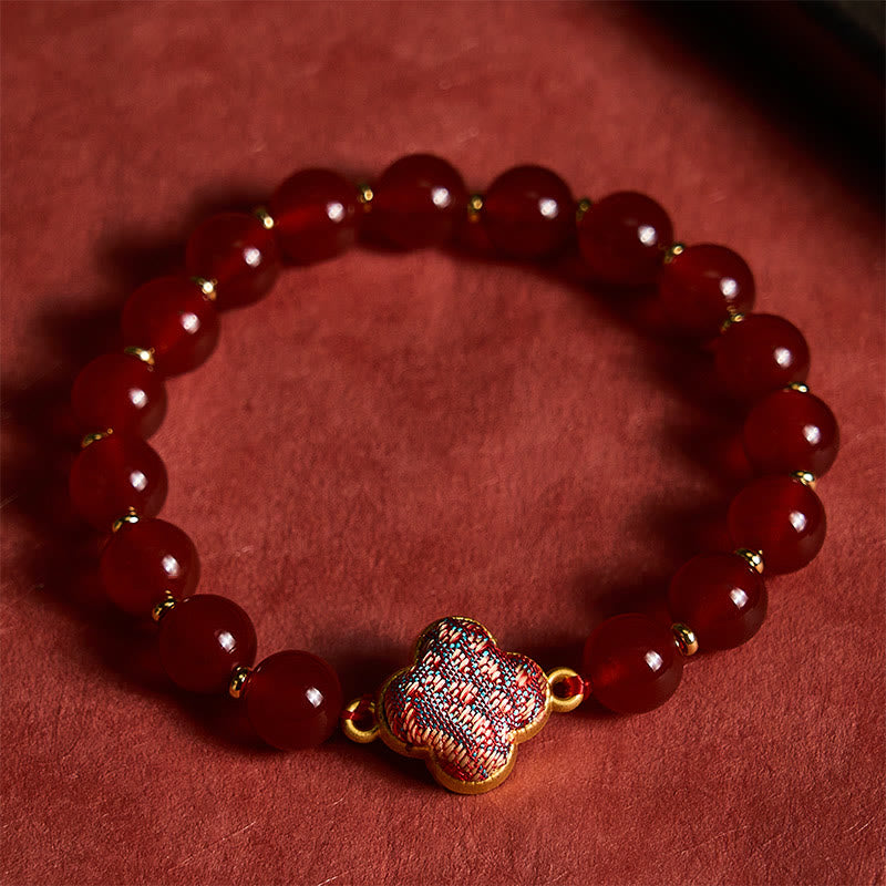 Buddha Stones Bracelet à breloques en agate rouge, brocart, trèfle à quatre feuilles et trèfle à quatre feuilles, porte-bonheur - image 2
