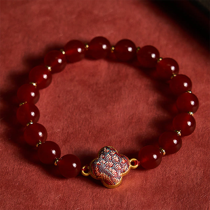 Buddha Stones Bracelet à breloques en agate rouge, brocart, trèfle à quatre feuilles et trèfle à quatre feuilles, porte-bonheur - image 2