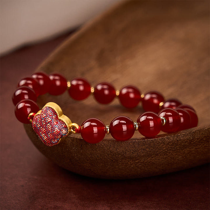 Buddha Stones Bracelet à breloques en agate rouge, brocart, trèfle à quatre feuilles et trèfle à quatre feuilles, porte-bonheur - image 3